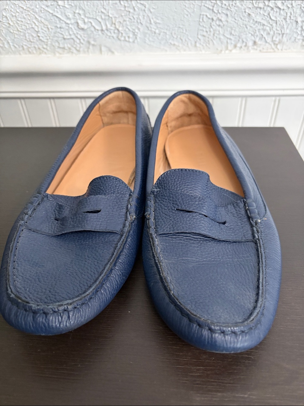 Women's Navy Leather Penny Loafers - Classic Slip-On Flats